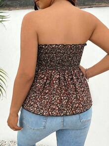 SHEIN Frenchy Plus Size Women Ditsy Floral Frill Trim Bandeau Top - Black - View 2