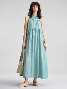 Ontre 2026新款绿色褶皱连衣裙，适合春季都市通勤，多功能大容量包包，海滩音乐节，春夏休闲装，简约时尚，都市通勤，优雅简约女士通勤装，母亲节连衣裙，沙滩连衣裙，毕业礼服 - Blue Power - 查看 6