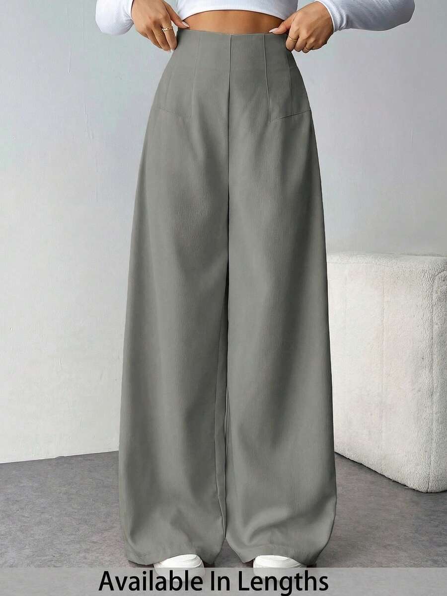 SHEIN Tall CURVE 大码女式简约休闲高腰纹理阔腿裤 - 灰色 - 查看 1