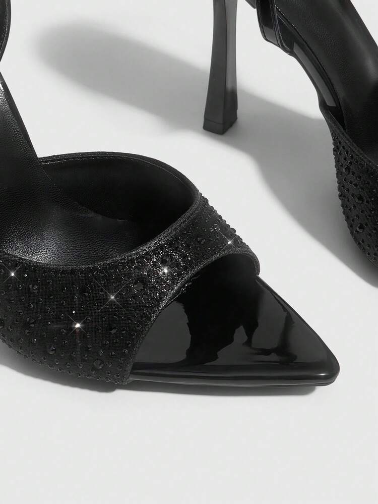 CUCCOO SZL Women Shoes Pointed Slender Heel Black Rhinestone Open Toe Ankle Strap Women's High Heel Sandals Sexy Fashion Gorgeous Elegant With Skirts Daily Versatile Banquet Party Women Sandals