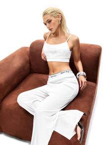 Bộ đồ ngủ nữ cơ bản, thoải mái, màu trắng, chất liệu vải gân, gồm áo hai dây và quần ống đứng. - trắng - Xem 5