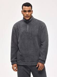 Rest Era Men's Solid Color Half-Placket Zip Long Sleeve Loungewear Top, Fluffy Winter - Grey - View 5