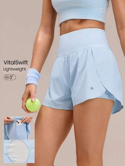 GLOWMODE 3" Shorts VitalSwift de Cintura Ajustável com Cordão, Fenda Alta, Secagem Rápida, Bolsos Laterais Embutidos, Frisos Antiderrapantes, Impacto Médio, Corrida, Jogging, Treinamento, Academia