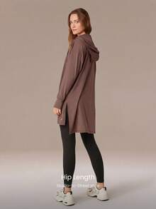 GLOWMODE Cloudknit Soft Oversized Hip Length Adjustable Drawstring Long Sleeve Sweatshirt With Thumbholes Daily Casual   Spring Summer - Mocha Brown - View 2