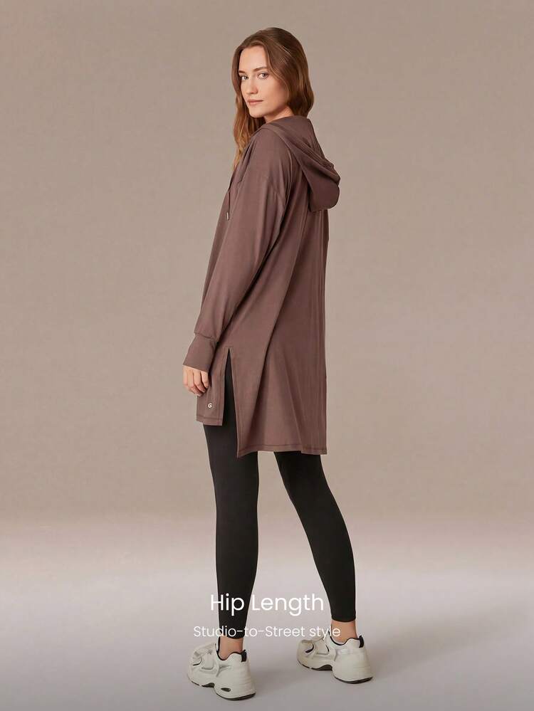 Cloudknit Soft Oversized Hip Length Adjustable Drawstring Long Sleeve Sweatshirt With Thumbholes Daily Casual   Spring Summer