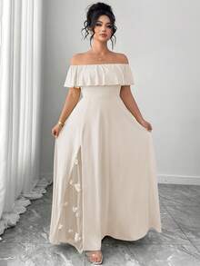 Vestido elegante y casual de talla grande con estilo francés, romántico y vintage, con hombros descubiertos, malla y parches florales, adecuado para primavera y verano - Albaricoque - Ver 4