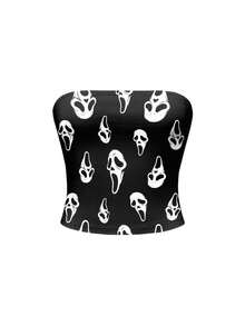 ROMWE Sexy Gothic Dark Mysterious Demon Mask Edgy Music Festival Horror Vintage Cropped Top For Women - Black - View 1