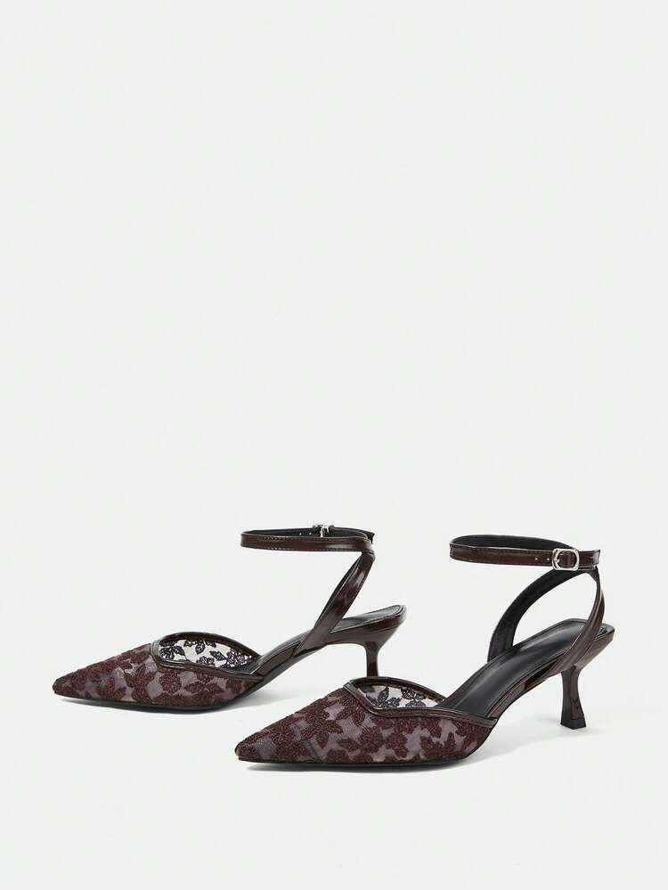 CUCCOO HITCHD French Floral Lace Mesh Pointed Toe Stiletto Sandals, Elegant French + Gentle Mature Style, Lace Embroidery, Suitable For Women's Daily Commute, Dates, Light Formal Occasions (Such As Afternoon Tea, Small Parties), Especially Paired With Dresses And Skirts Elegant Shoes Summer Shoes