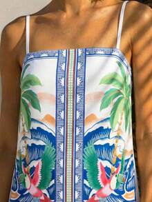 CAJUNI Women's Spaghetti-Strapped Sleeveless Retro Ruffled Fashion Print Summer Vacation Style Dress - Blue - View 4