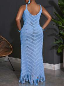 Slaydiva Plus Size Summer Sleeveless Hollow-Out Sheer Dress - Blue - View 2