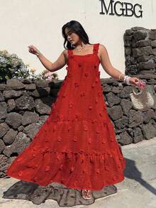 Sunnyshic Plus Size Square Neck Spaghetti Strap A-Line Dress, Vacation Style - Burgundy - View 4