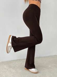 SHEIN PETITE Quần ống loe cạp cao màu trơn đơn giản - màu nâu - Xem 3