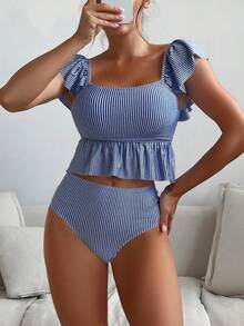Swim Basics Bộ đồ bơi tankini xếp nếp kẻ sọc mùa hè dành cho nữ - Xanh đậm - Xem 1