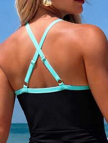 Swim Vcay Bộ đồ bơi nữ kiểu dáng yếm cổ yếm in họa tiết chuyển màu gợi cảm với dây đan chéo, thích hợp cho kỳ nghỉ biển. - màu đen - Xem 6