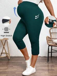 Plussiva Dark Green,Summer,Smart Casual,Everyday Plus Size Pregnant Women's Solid Color Capri Leggings,Stretchable Maternity Pants For Yoga  Gym Outfits - Dark Green - View 1