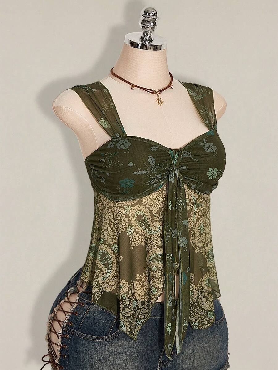 SHEIN ICON 女士夏季休闲度假佩斯利印花钥匙孔领扭结露背吊带背心 - 軍綠色 - 查看 1