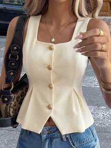 DAZY Chaqueta fina sin mangas de unicolor y textura elegante para mujer, de verano - Beis - Ver 2