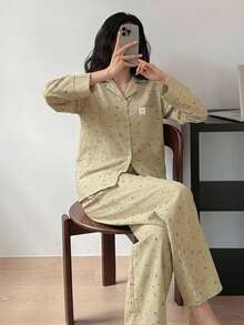 DAZY 2件套蝴蝶结装饰碎花拼接睡衣套装（女士） - 綠色 - 查看 3