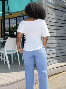 Steph T 休闲时尚性感修身不对称领短袖女式T恤 - 白色 - 查看 2