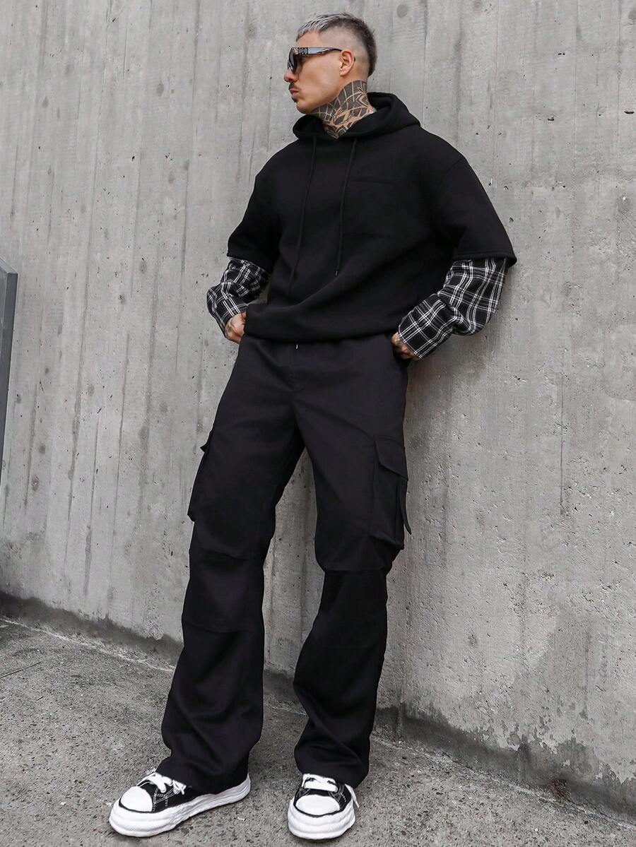 Artur Kramer Men Flap Pocket Side Drawstring Waist Oversize Cargo Pants Baggy Long Plain Black Going Out, Fall - Black - View 1