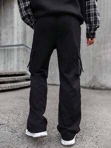 Artur Kramer Men Flap Pocket Side Drawstring Waist Oversize Cargo Pants Baggy Long Plain Black Going Out, Fall - Black - View 2