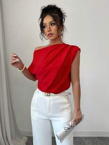 Elenzga New Spring/Summer Casual Ruched Asymmetric Neck Short Sleeve Blouse - Red - View 3