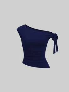 Sweetra Conjunto Confortável de 3 Peças para Mulheres com Camiseta de Ombro Oblíquo - Multicolorido - Visão 3
