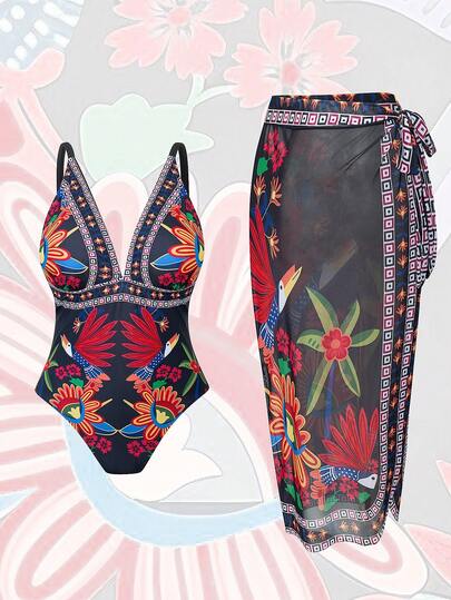 Swim Oasis Bộ đồ bơi 2 mảnh cỡ lớn mới năm 2026 dành cho nữ, họa tiết hoa và động vật, thời trang đi nghỉ mát và thường ngày, dáng ôm vừa vặn, cổ chữ V, eo cao, che khuyết điểm vòng bụng, váy dài bằng vải lưới in họa tiết, bộ đồ bơi thanh lịch.