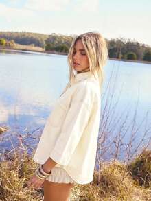 Aralina 女士落肩单排扣休闲宽松口袋牛仔衬衫 - 白色 - 查看 3