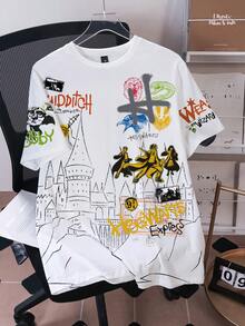 HARRY POTTER X SHEIN Men's Letter & Castle Print Round Neck Short Sleeve T-Shirt - White - View 1