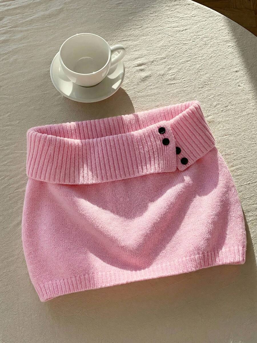 Comfortcana 女士纯色针织罗纹休闲百搭毛衣裙，韩版秋冬款 - 淺粉色 - 查看 1