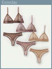 6件套情人节性感透明心形提花网眼无钢圈三角杯内衣套装 - 彩色 - 查看 1