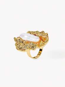 Opalesca Anillo abierto para mujer, premium/elegante/elegante/uso diario/minimalista, perla/cristal, para mamá/mujer/niña/madre, verano/playa/baile de graduación/fiesta/vacaciones, compromiso/boda/promesa, novia, corazón/floral, Fairycore/Mermaidcore - Amarillo Oro - Ver 6