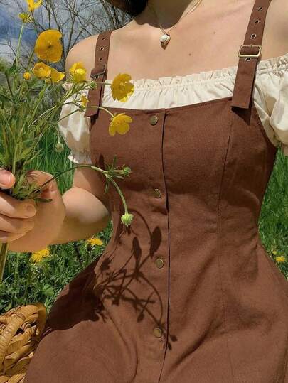 SHEIN MOD Đầm ngắn trễ vai tông màu đất 2 trong 1