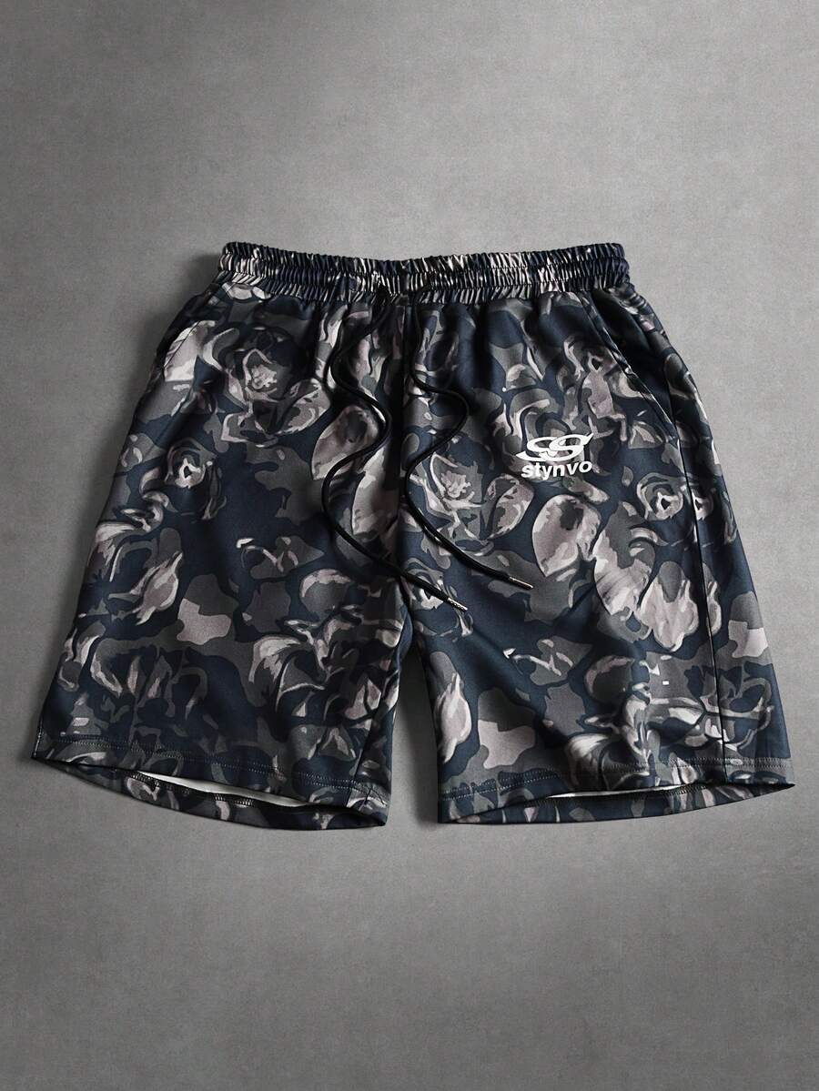 STYNVO 男士休闲宽松抽绳印花短裤，夏季时尚街头风 - 軍綠色 - 查看 1