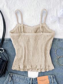 Áo tank top hai dây màu xanh hải quân dành cho nữ tuổi teen, chất liệu dệt kim, có nơ và ren, có thể mặc riêng hoặc mặc lớp, phù hợp cho mùa tựu trường, kỳ nghỉ và mặc thường ngày. - Màu be - Xem 2