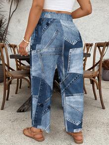 SHEIN VCAY Plus Size Women's Navy Blue Striped Wide-Leg Pants With Pockets,Denim-Look Pattern Boho Vacation Holiday,Spring/Summer Autumn Fashion Beach Shorts - Blue - View 3