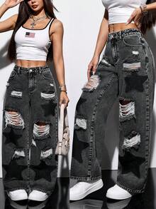 SHEIN PETITE Quần jeans nữ dáng rộng, rách, ống rộng, có túi và họa tiết ngôi sao. - màu đen - Xem 8