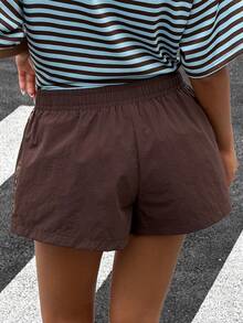 Muchica Quần short nữ màu nâu dệt kim kiểu dáng thường ngày, có sọc bên hông và cạp chun. - màu nâu - Xem 2
