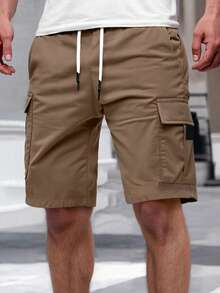 Manfinity Homme Quần short nam màu trơn, cạp chun, dây rút, có túi. - màu nâu - Xem 3