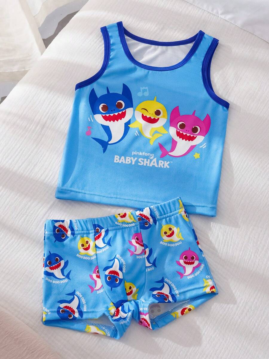 BABY SHARK X SHEIN Bộ đồ lót bé trai gồm áo ba lỗ cổ tròn và quần short in chữ và hoạt hình. - Màu xanh lam - Xem 1