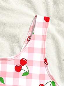 SHEIN Tween Girl Plaid Cherry Print One-Piece Swimsuit, Criss-Cross Back + Round Neck Design, Suitable For Swimming, Summer Vacation, Beach, Pool, Party, Leisure Holiday Cherry Swim Suit Women Swim Suits One Piece Matching Swimsuit Matching Bathing Suits - Multicolor - View 3