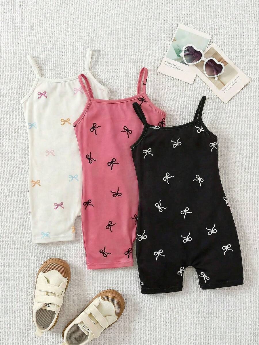 SHEIN 3pcs Set: Young Girl Bow Print Black And White Knit Camisole Jumpsuit + Bow Pattern Knit Casual Jumpsuit,Camisole Jumpsuit,4 Years Old Girl,5 Years Old Girl Outfits,Outfit For Girl,Summer Outfit For Girl,Pink Jumpsuit,Summer Jumpsuit,Girl Clothes, Kid Girl Jumpsuit, Rompers,Girl Romper,Elastic - Multicolor - View 1