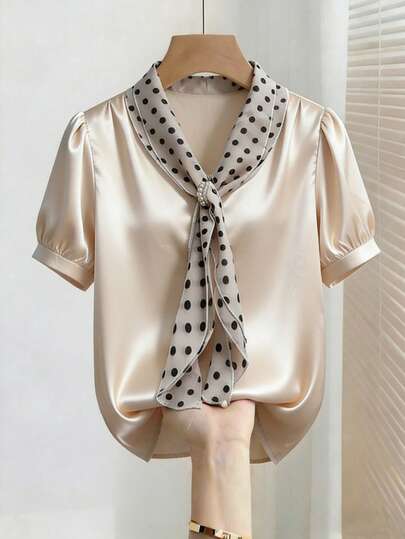 Airaco Women's Casual Elegant Polka Dot Pearl Collar Short Sleeve Satin Blouse