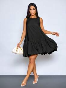 SOLERSUN Women's Elegant Scoop Neck Chic Ruffled Hem Summer Party Outfit Puffball Mini Dress - Black - View 7
