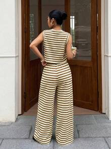 SHEIN Muchic 女士条纹圆领背心和休闲裤两件套 - 卡其色 - 查看 2