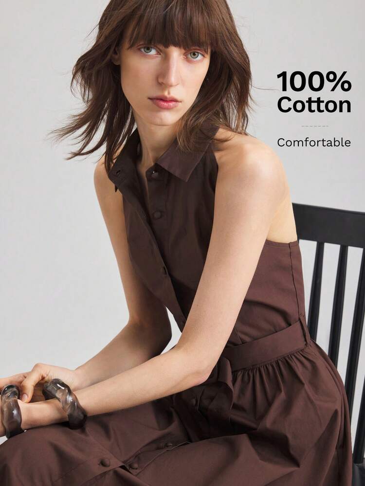 2026 Spring/Summer Women's Long Dress, Solid Color Front Button Backless Maxi Shirt Dress, Suitable For Independence Day, 's Day, Beach, Vacation, Casual, Office, Beach, Sleeveless, Waist Cinched, A-Line, Bestselling Solid Color Khaki Brown Maxi Dress, Fashion Versatile Women's Long Dress