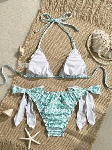 Swim Vcay Women's 2pcs Ditsy Floral Ruffled V-Neck Halter Tie Bikini Set Set, Summer - Green - View 2