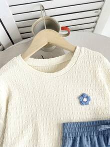 SHEIN LMoss Kinder Teenager Mädchen einfarbiges gestricktes Kurzarm Rundhals Top und weite Shorts Lässig Zweiteiler - Verschiedenfarbig - Übersicht 3