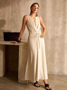 MOTF PREMIUM 女士亚麻混纺吊带长连衣裙 - 杏色 - 查看 6